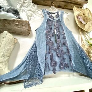 Rustic denim look semi sheer asymmetrical floral embroidery sequence boho blouse